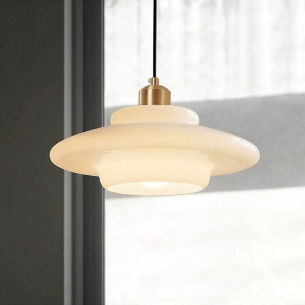 Art Deco Brass & Glass Adjustable-Height Ceiling Lamp