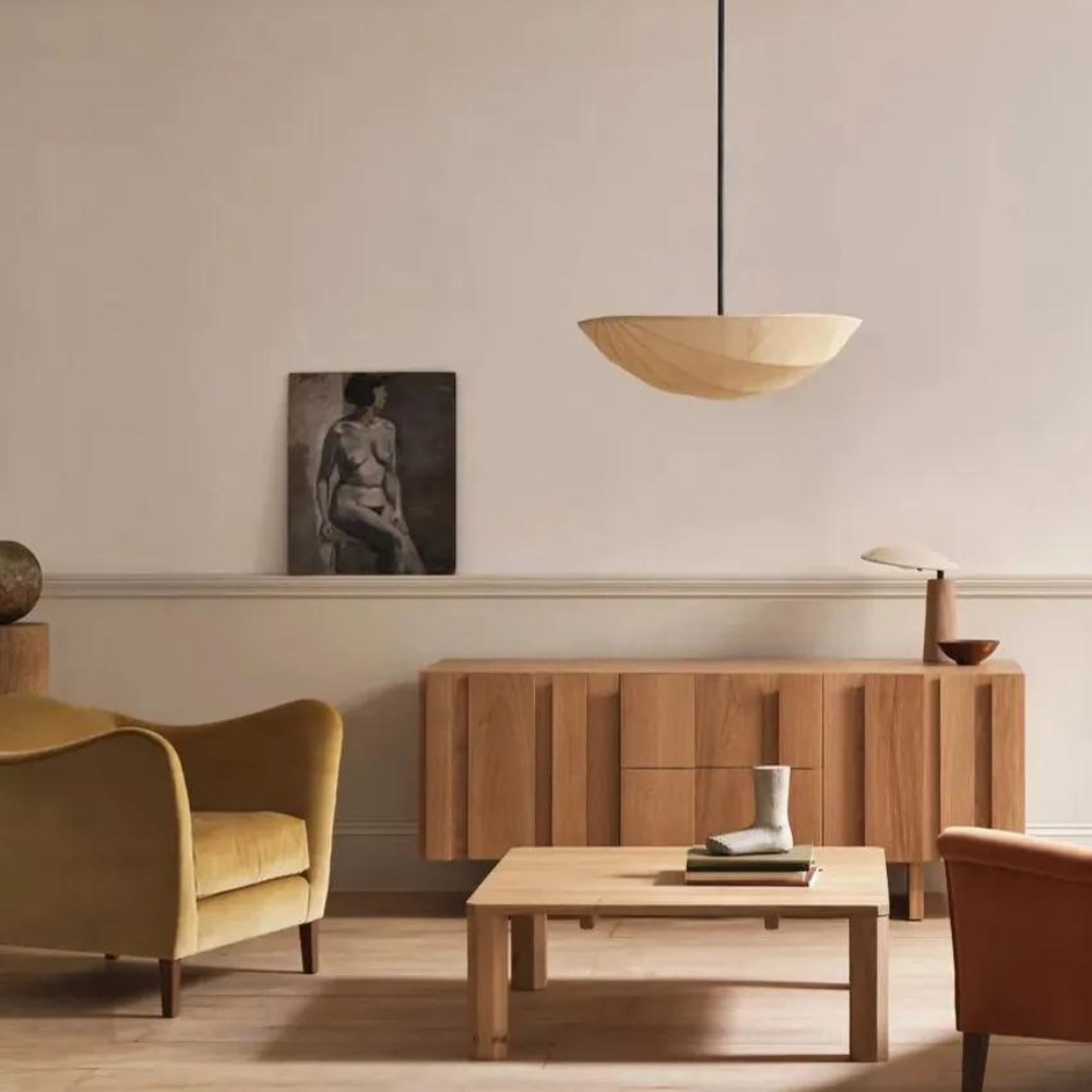 Japandi pendant light handcrafted wood finish