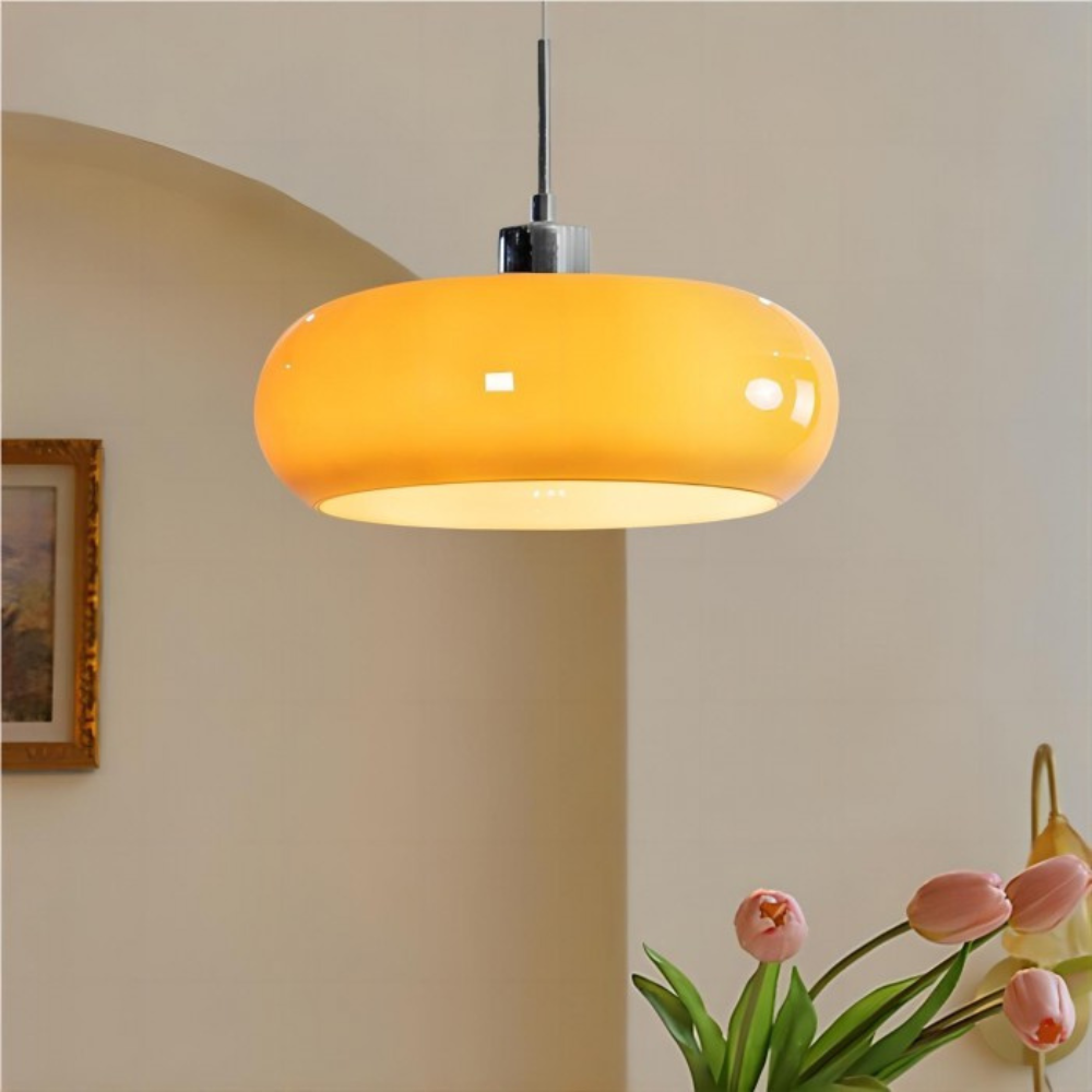 Ceiling pendant in glass and iron with retro Bauhaus colour