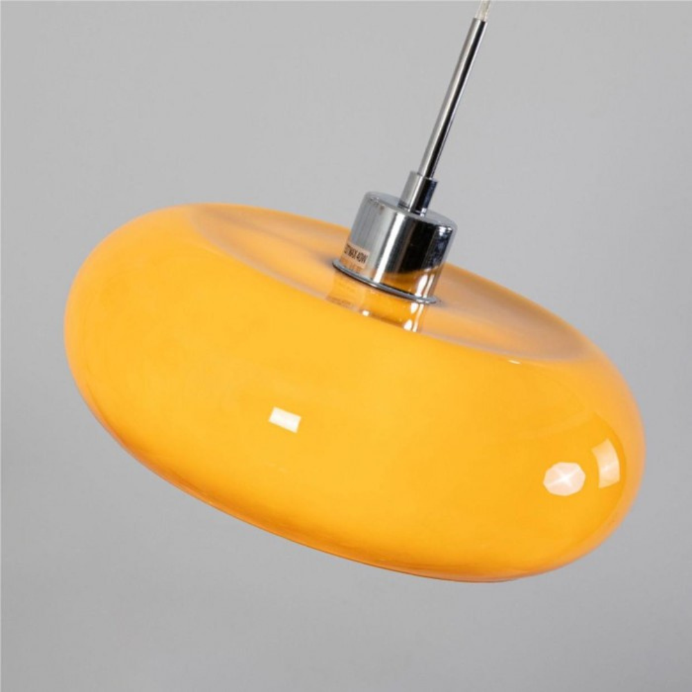 Ceiling pendant in glass and iron with retro Bauhaus colour