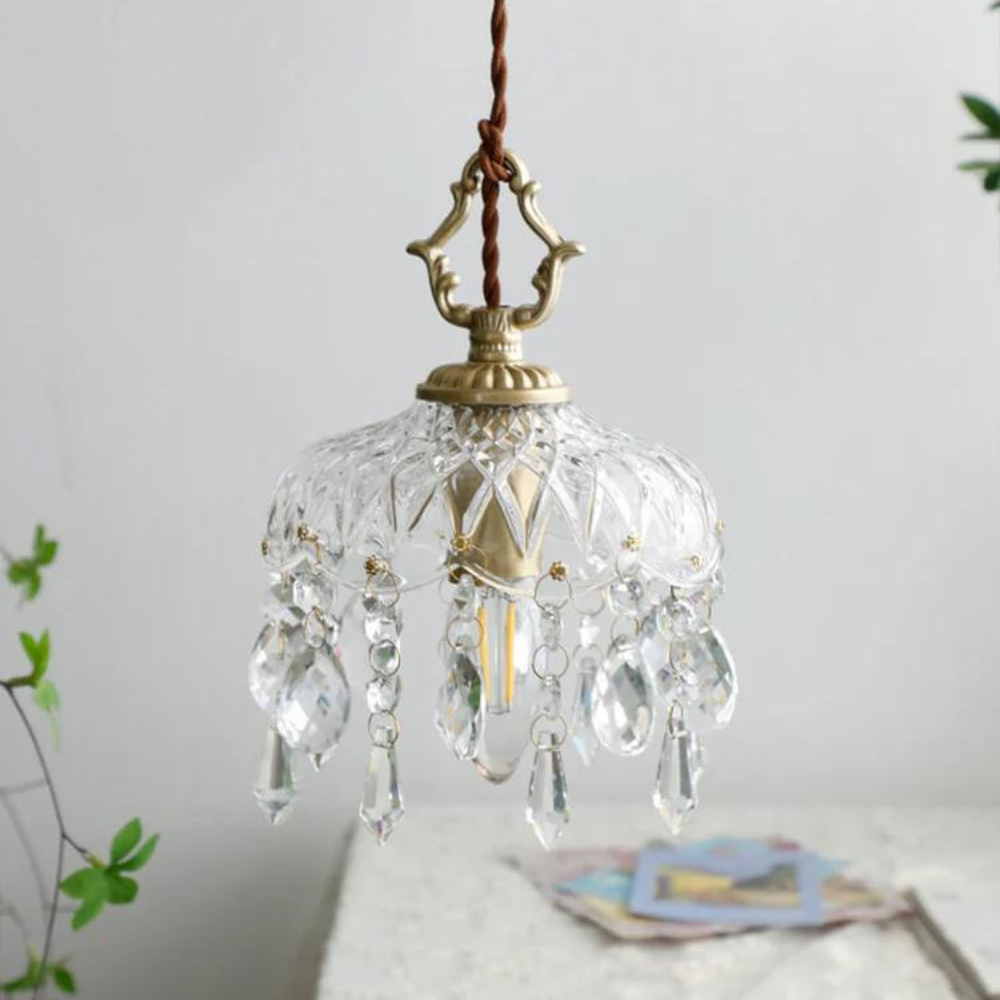 Chandelier Floral Glass & Brass Retro Elegance