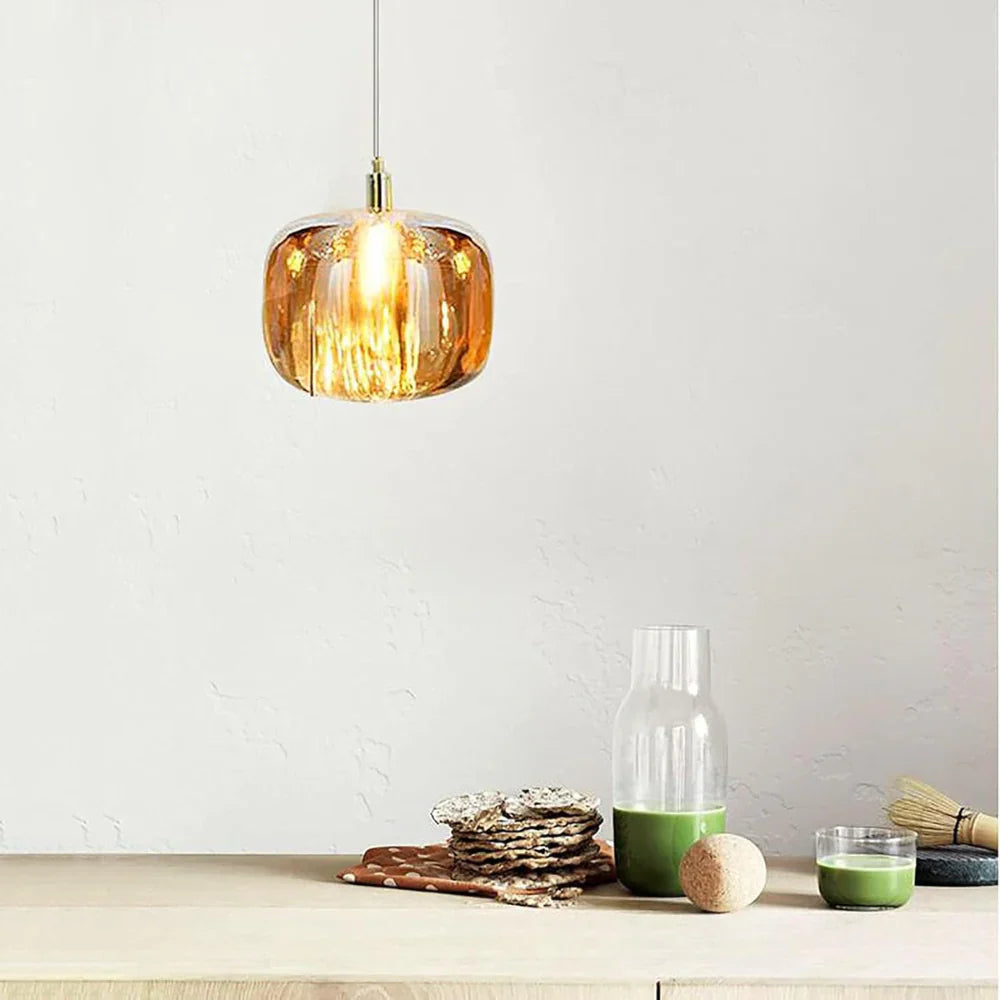 Hand-Blown Amber Glass Pendant Light – Japandi Gold Statement Piece