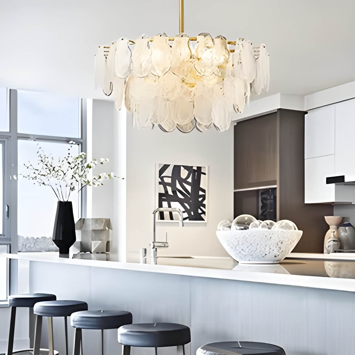 Cloud glass chandelier with gold metal frame
