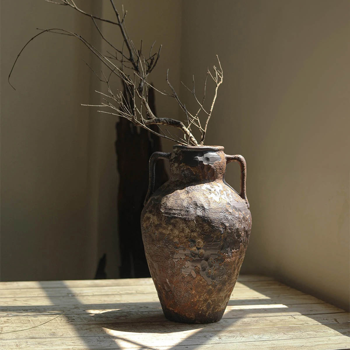 Ceramic Vase with Handles and Hammered Antique Finish