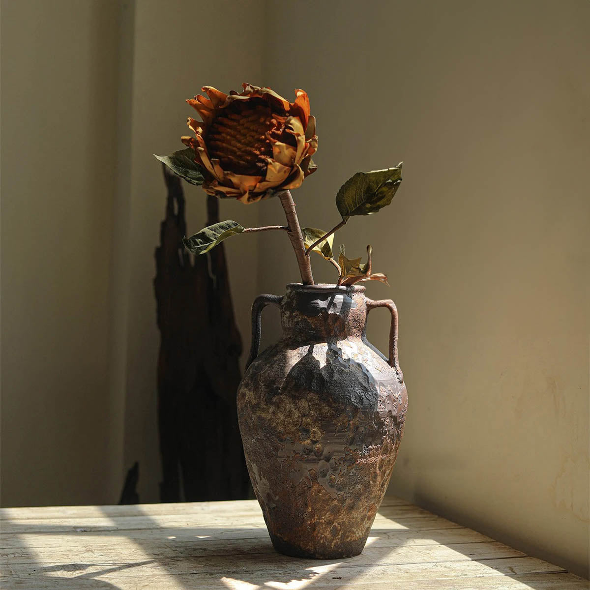 Ceramic Vase with Handles and Hammered Antique Finish