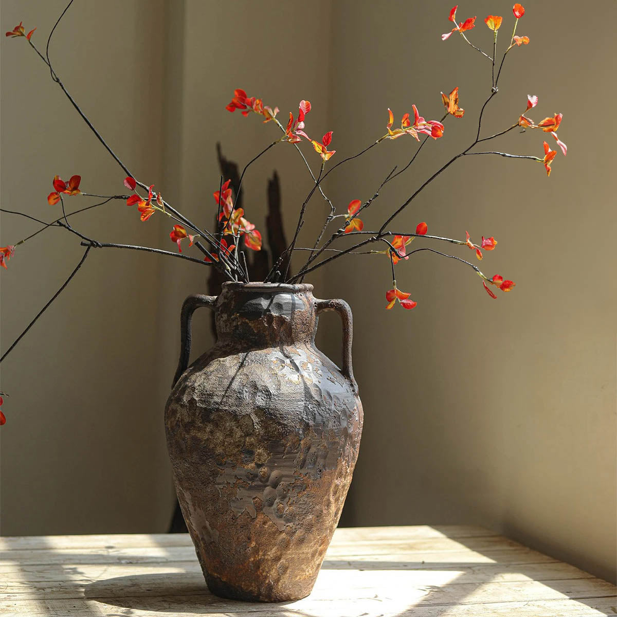 Ceramic Vase with Handles and Hammered Antique Finish