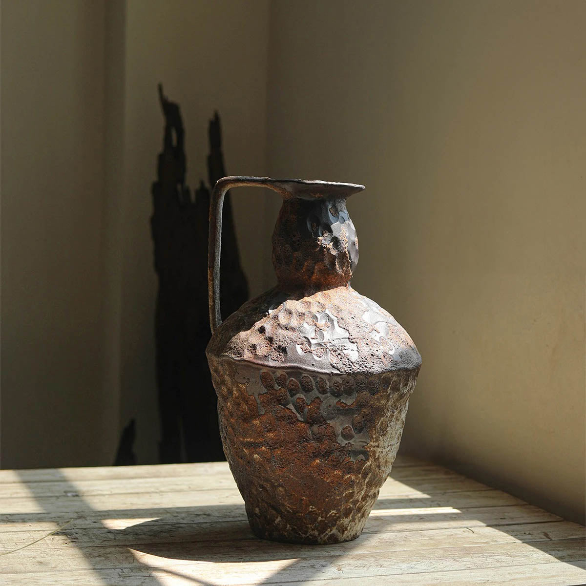 Ceramic Vase with Handles and Hammered Antique Finish