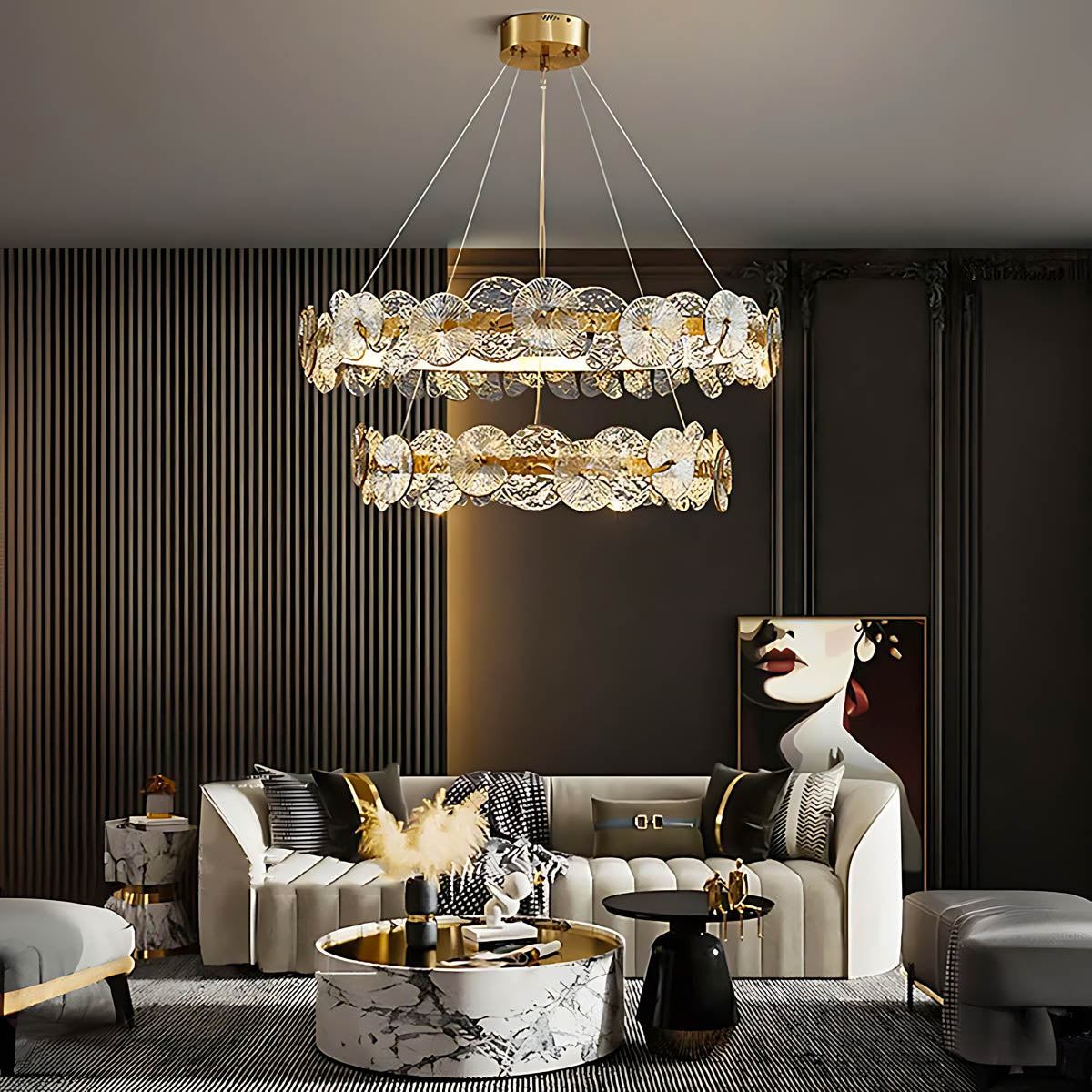 Double Halo Glass & Copper Chandelier 60-80 cm LED