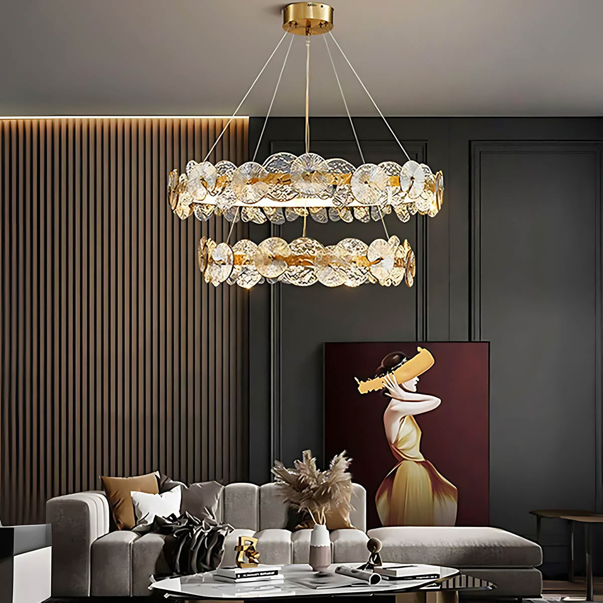 Double Halo Glass & Copper Chandelier 60-80 cm LED