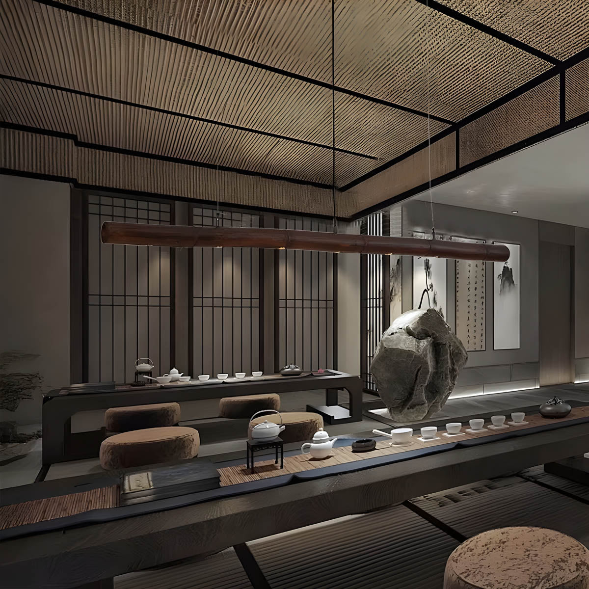 Solid Bamboo Cord Pendant Light 90-150 cm