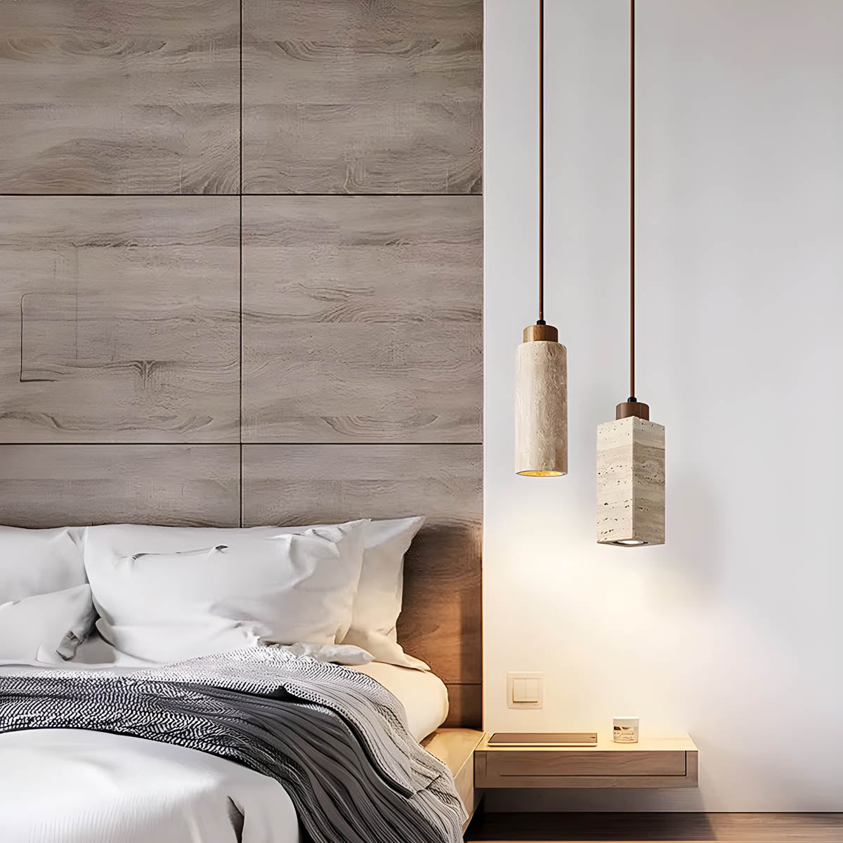 Travertine & wood E27 pendant light, round or square 18.5 cm