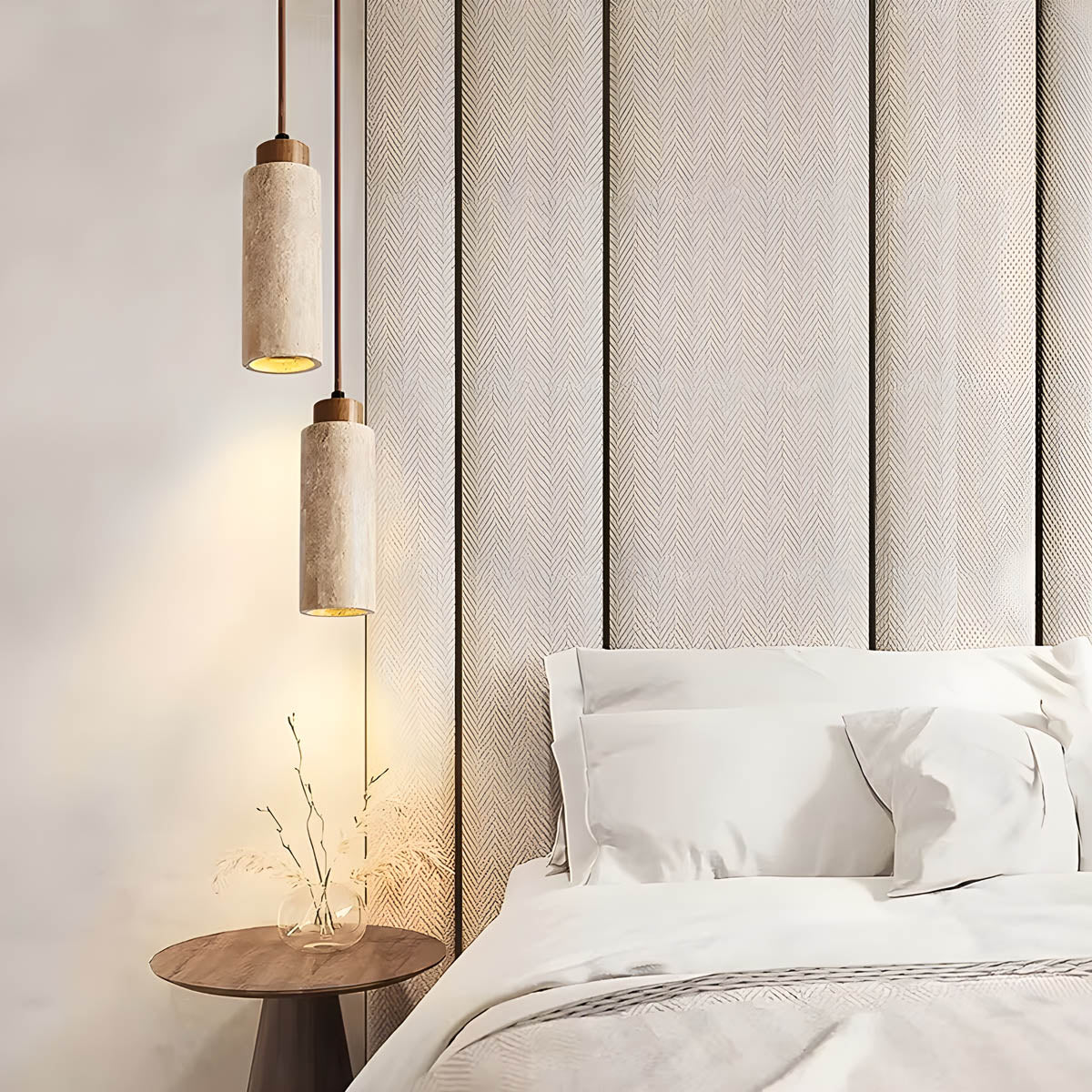 Travertine & wood E27 pendant light, round or square 18.5 cm