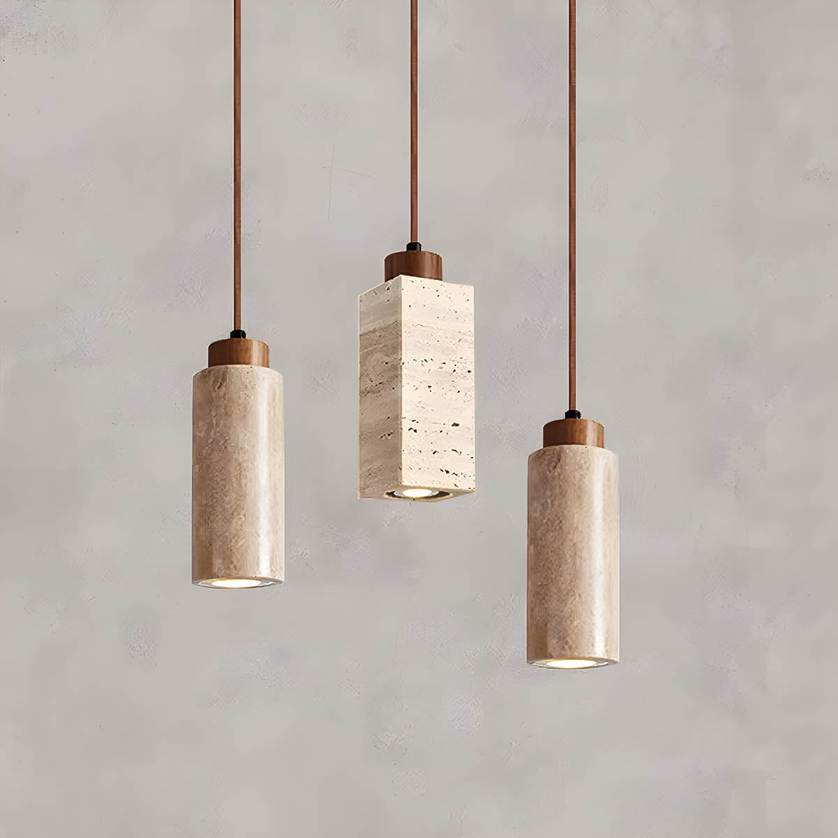 Travertine & wood E27 pendant light, round or square 18.5 cm