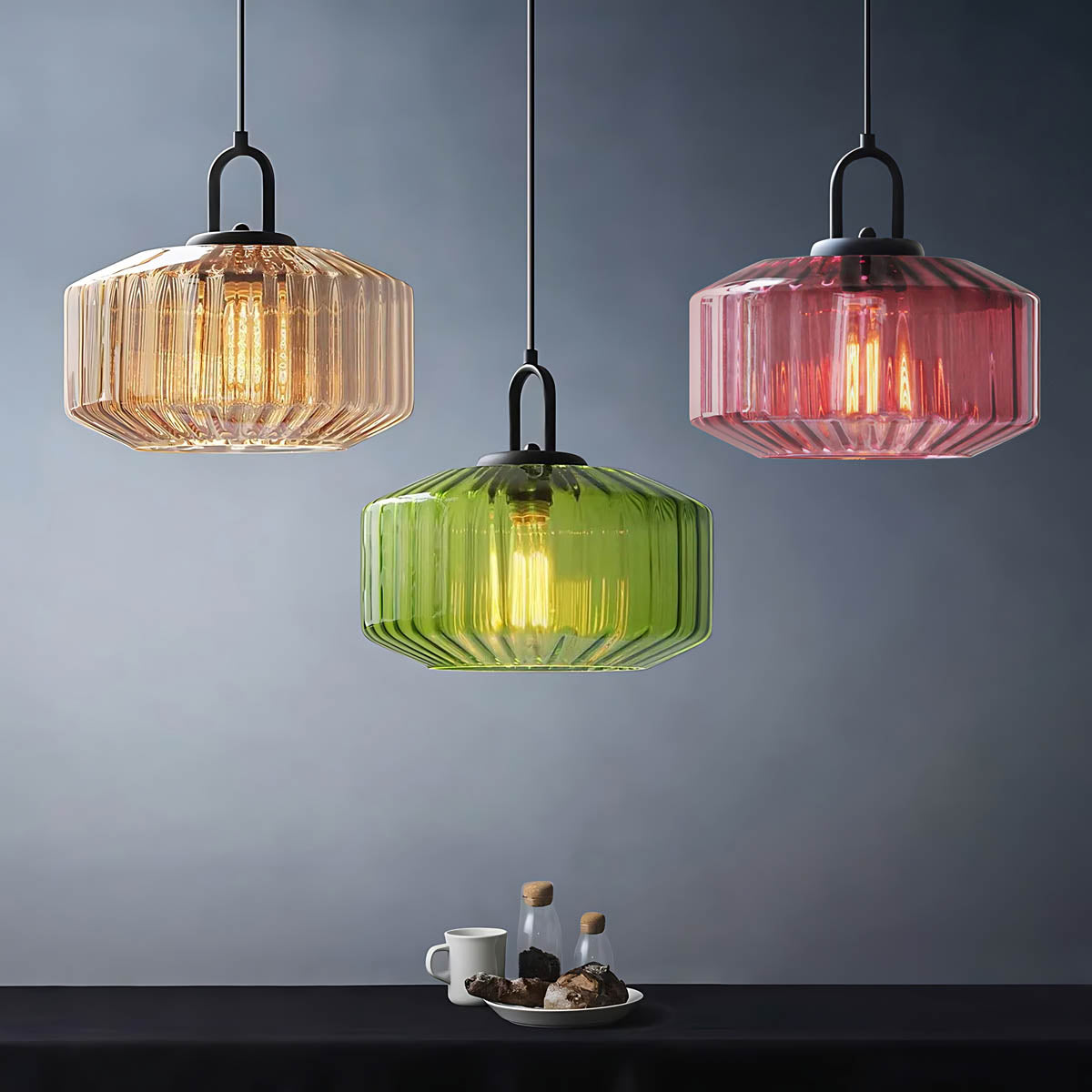 3-Shade Fluted Glass Cluster Pendant 28 cm E27