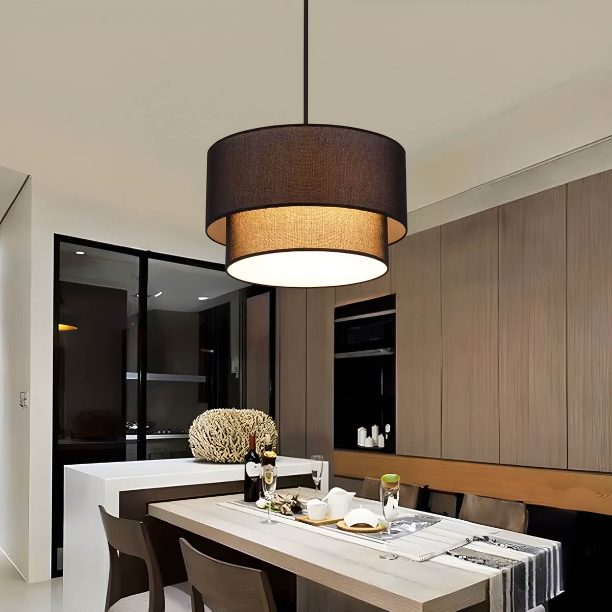 Layered Linen Drum Pendant Light