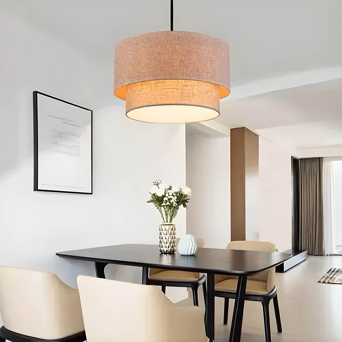 Layered Linen Drum Pendant Light