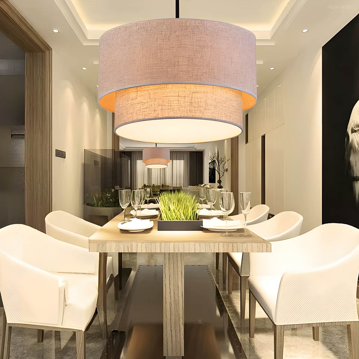 Layered Linen Drum Pendant Light