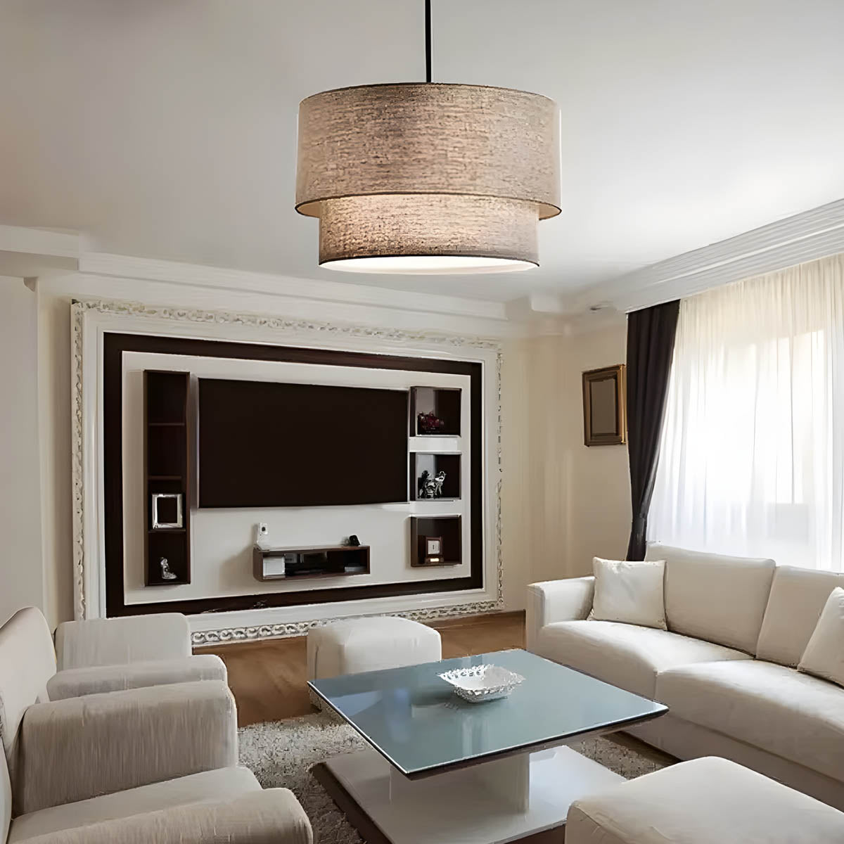 Layered Linen Drum Pendant Light