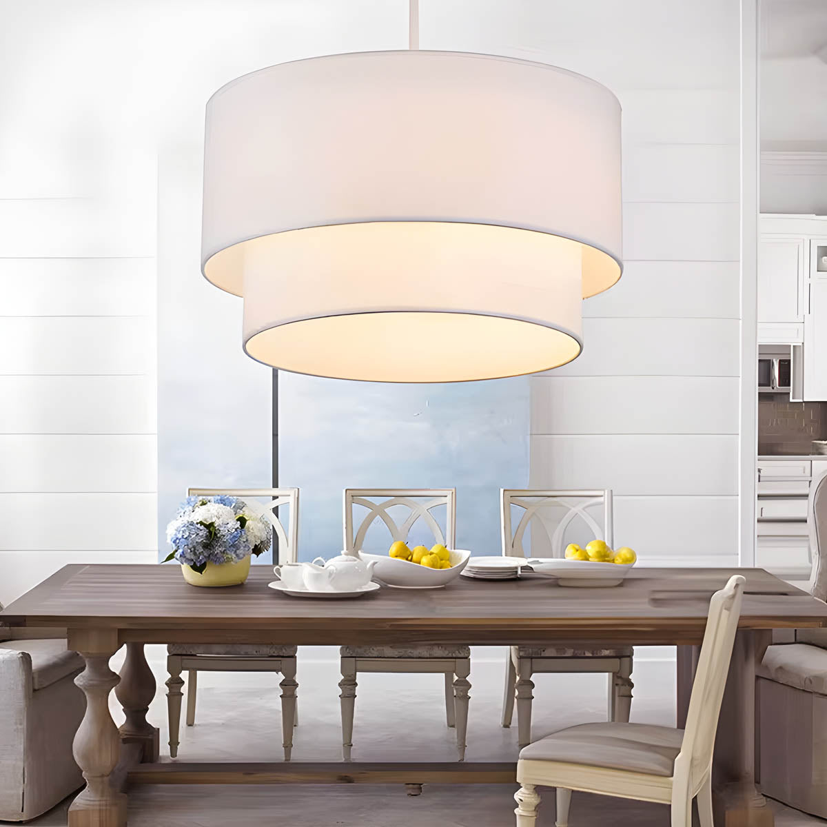 Layered Linen Drum Pendant Light