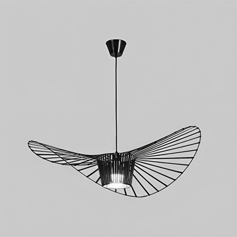 Pendant light with elastic-string ring canopy, iron frame