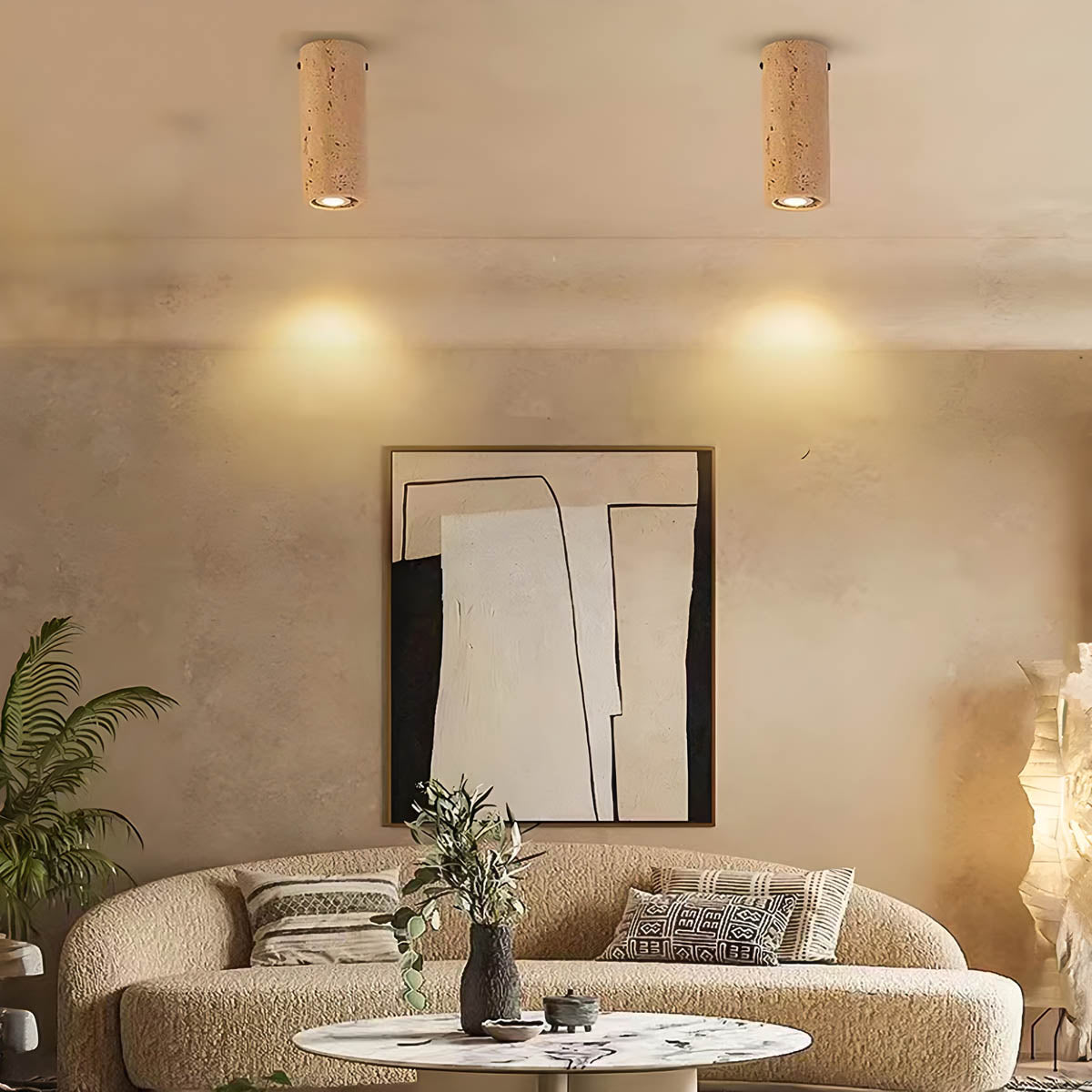 Travertine stone surface-mount ceiling light