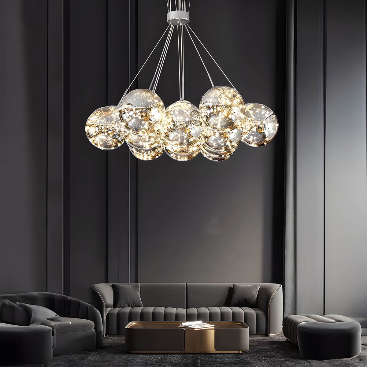 13-sphere glass cluster chandelier, alloy & glass