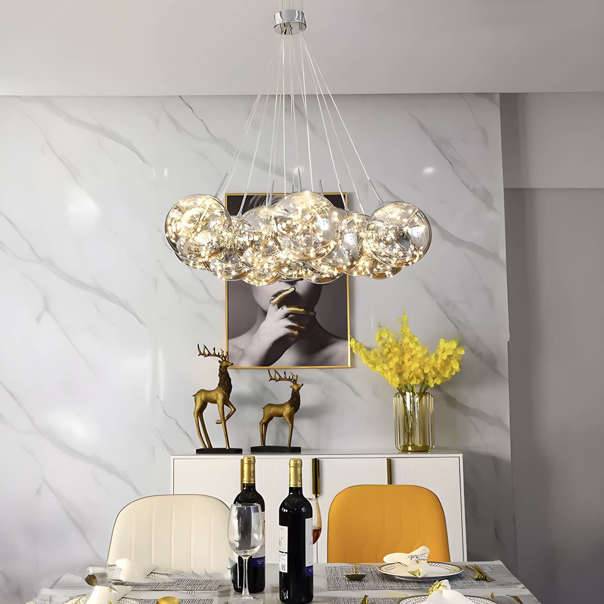 13-sphere glass cluster chandelier, alloy & glass