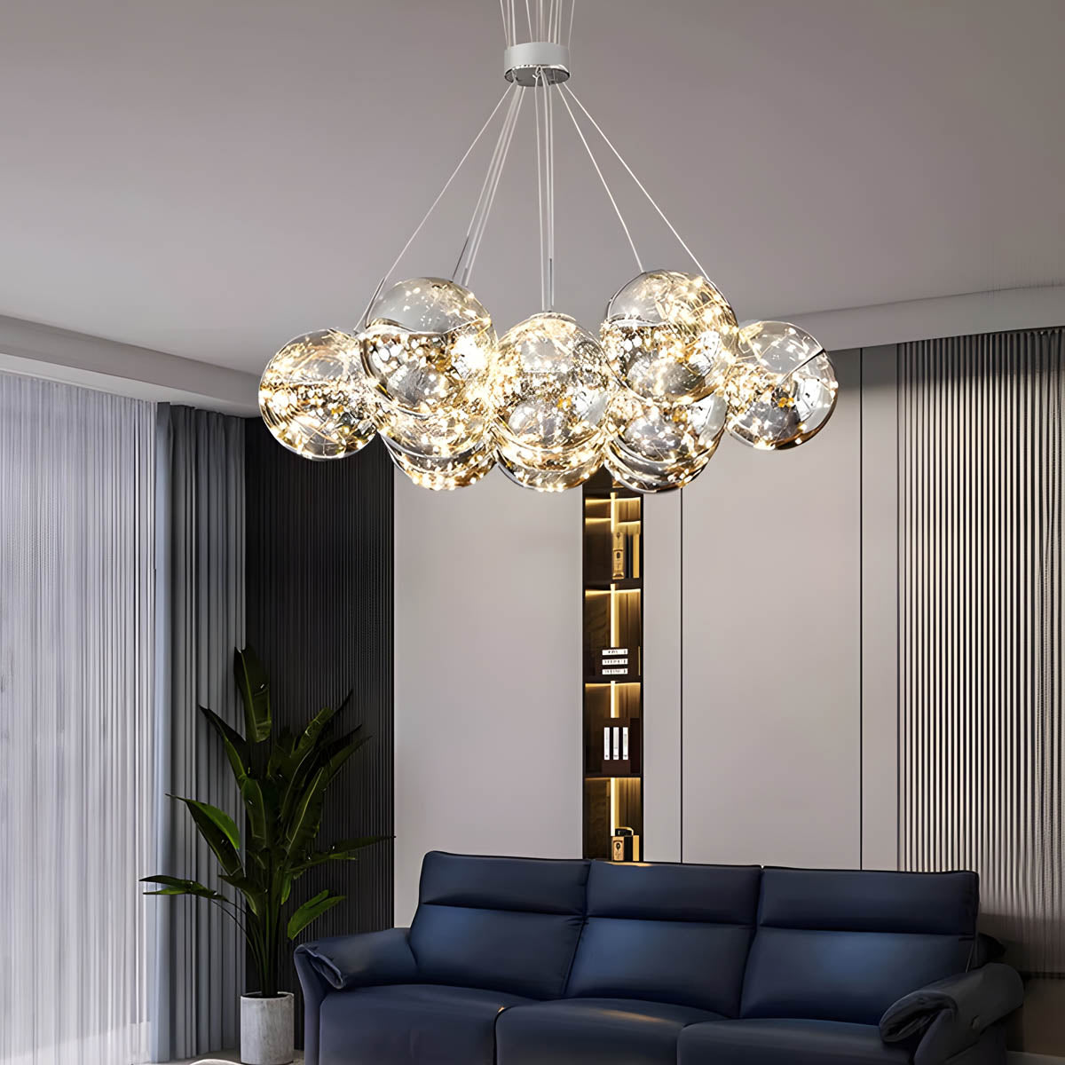 13-sphere glass cluster chandelier, alloy & glass