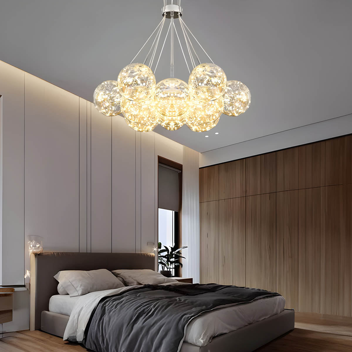 13-sphere glass cluster chandelier, alloy & glass