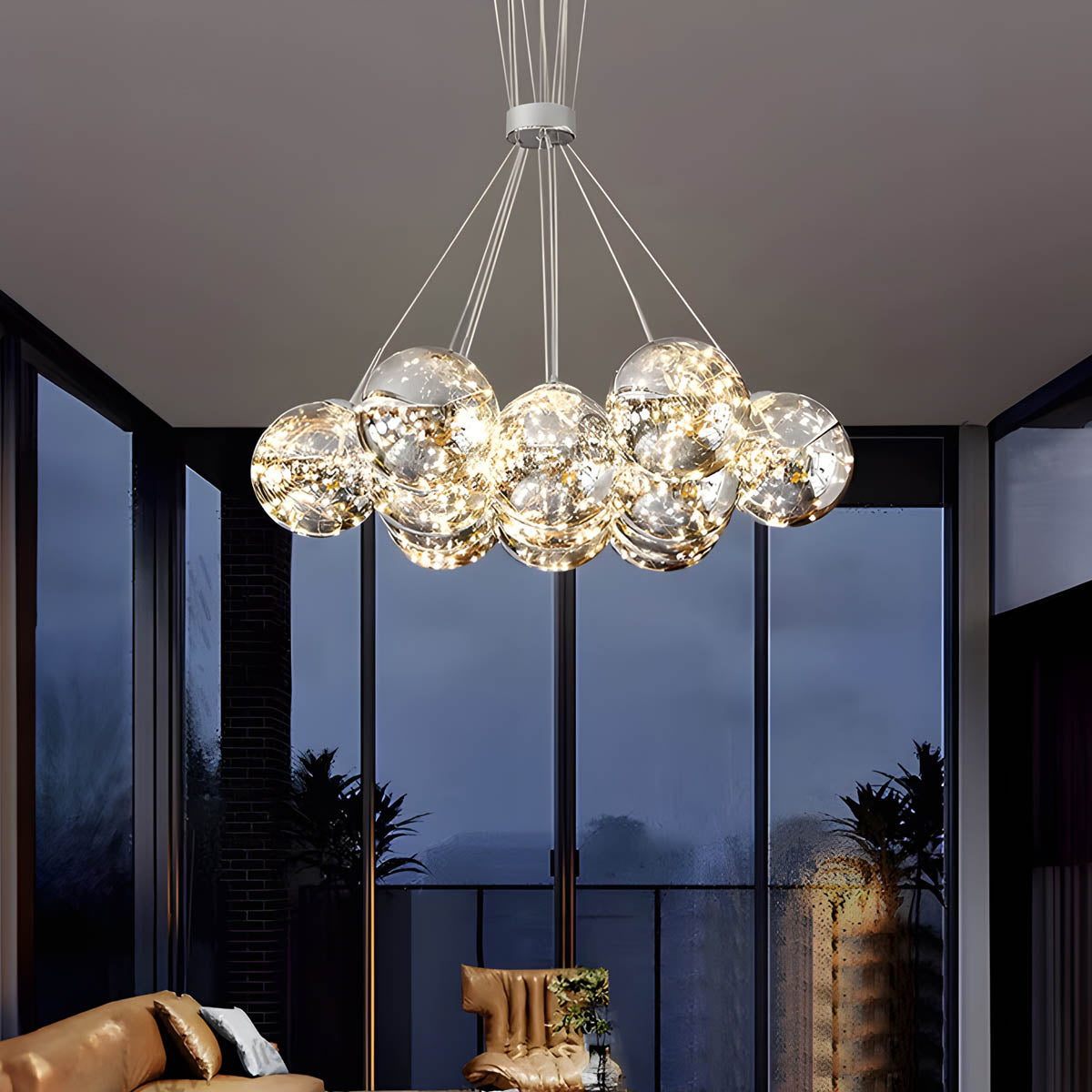 13-sphere glass cluster chandelier, alloy & glass