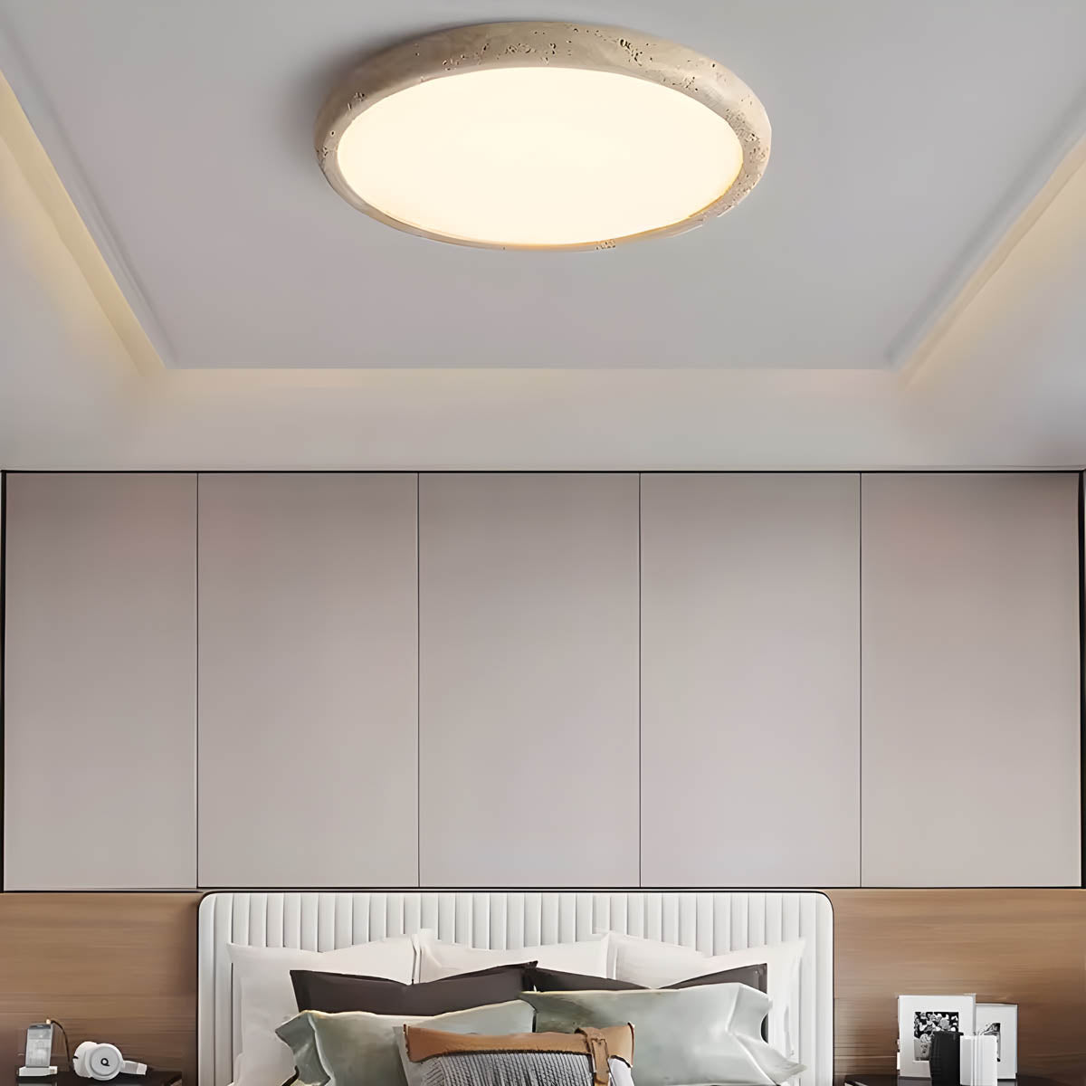 Travertine-accent flush-mount ceiling light