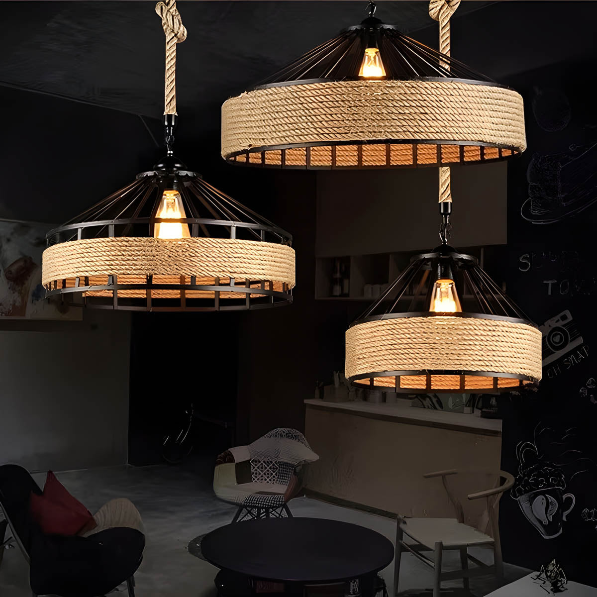Pendant ceiling light with hemp rope & black metal frame