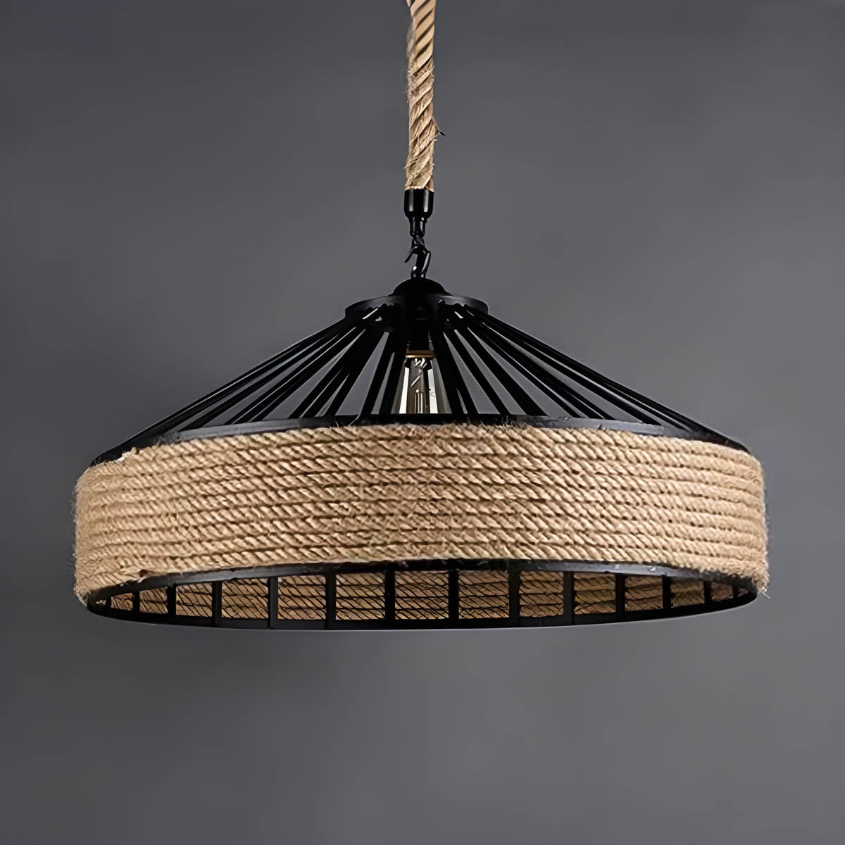 Pendant ceiling light with hemp rope & black metal frame