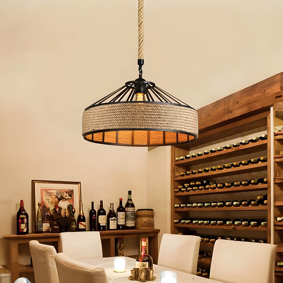 Pendant ceiling light with hemp rope & black metal frame