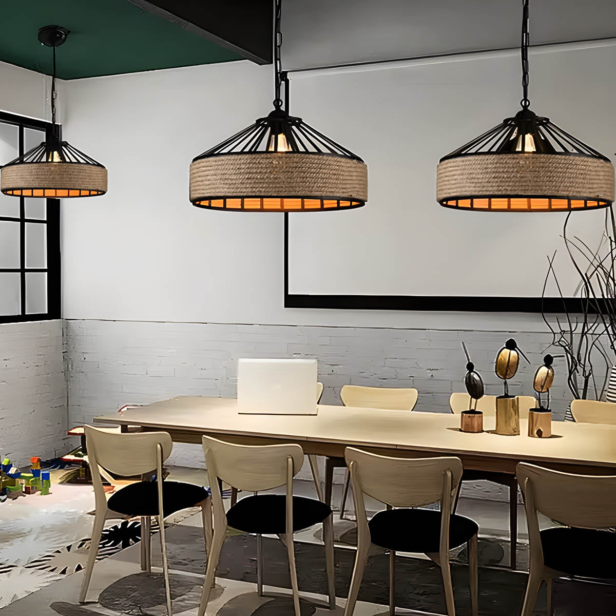 Pendant ceiling light with hemp rope & black metal frame