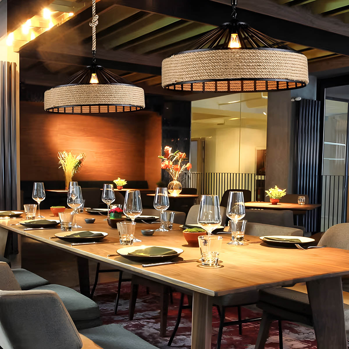 Pendant ceiling light with hemp rope & black metal frame