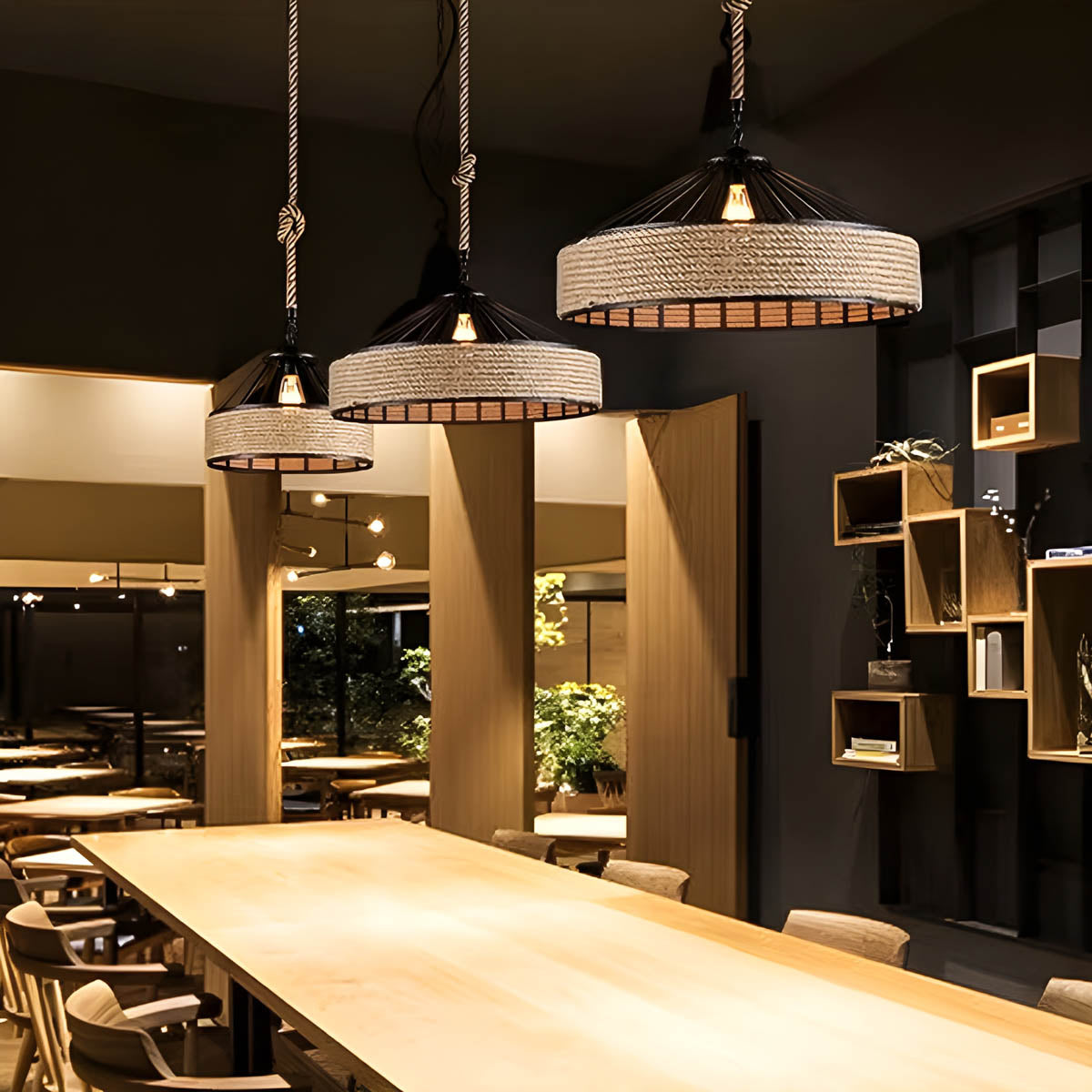 Pendant ceiling light with hemp rope & black metal frame