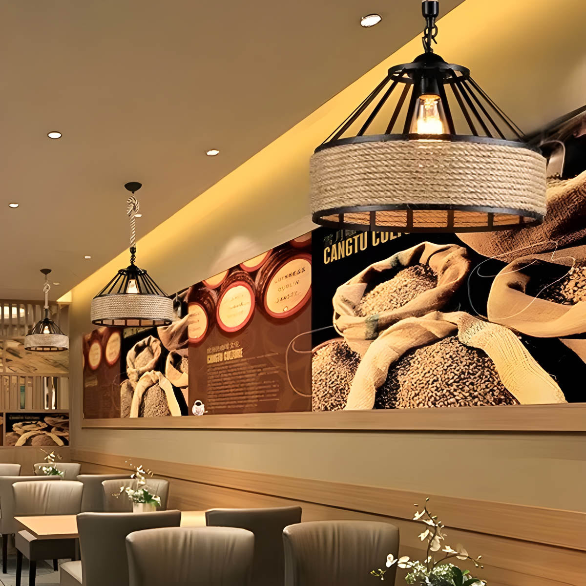 Pendant ceiling light with hemp rope & black metal frame