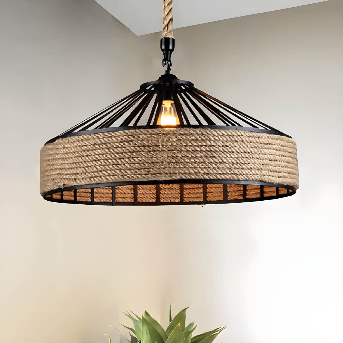 Pendant ceiling light with hemp rope & black metal frame
