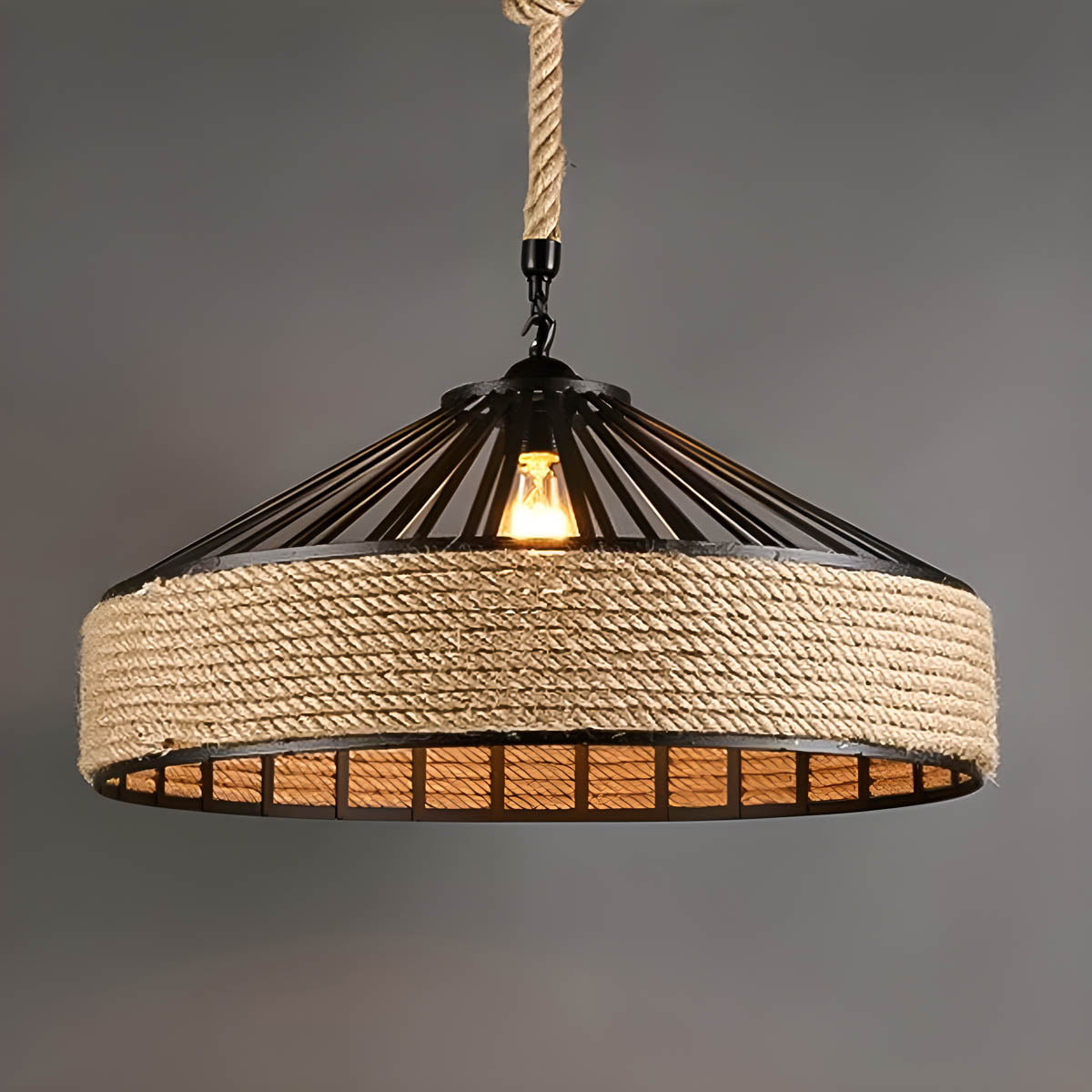 Pendant ceiling light with hemp rope & black metal frame