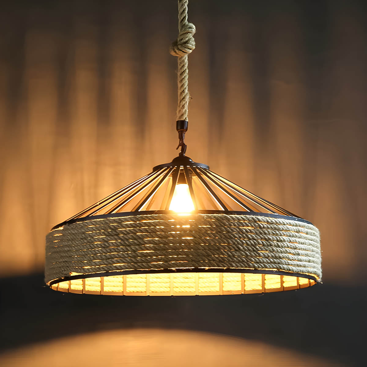 Pendant ceiling light with hemp rope & black metal frame