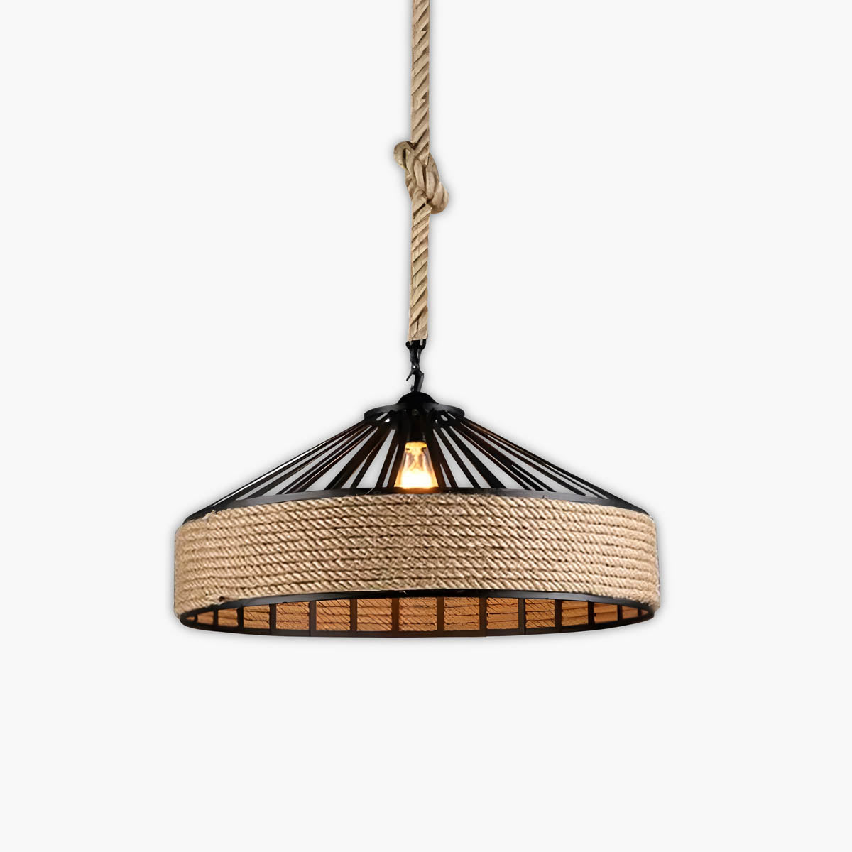 Pendant ceiling light with hemp rope & black metal frame