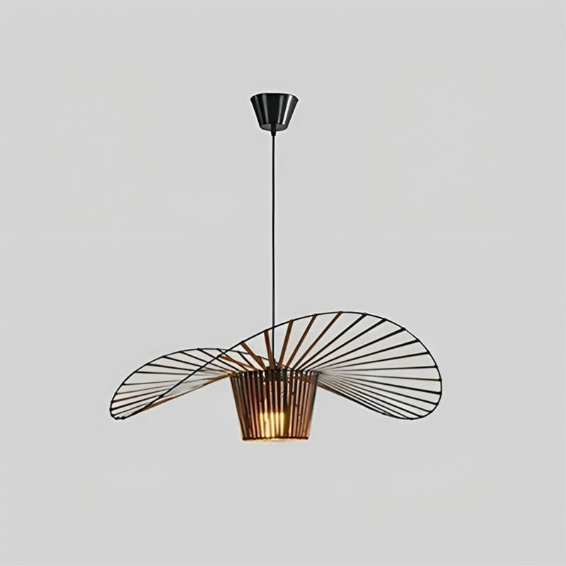 Pendant light with elastic-string ring canopy, iron frame