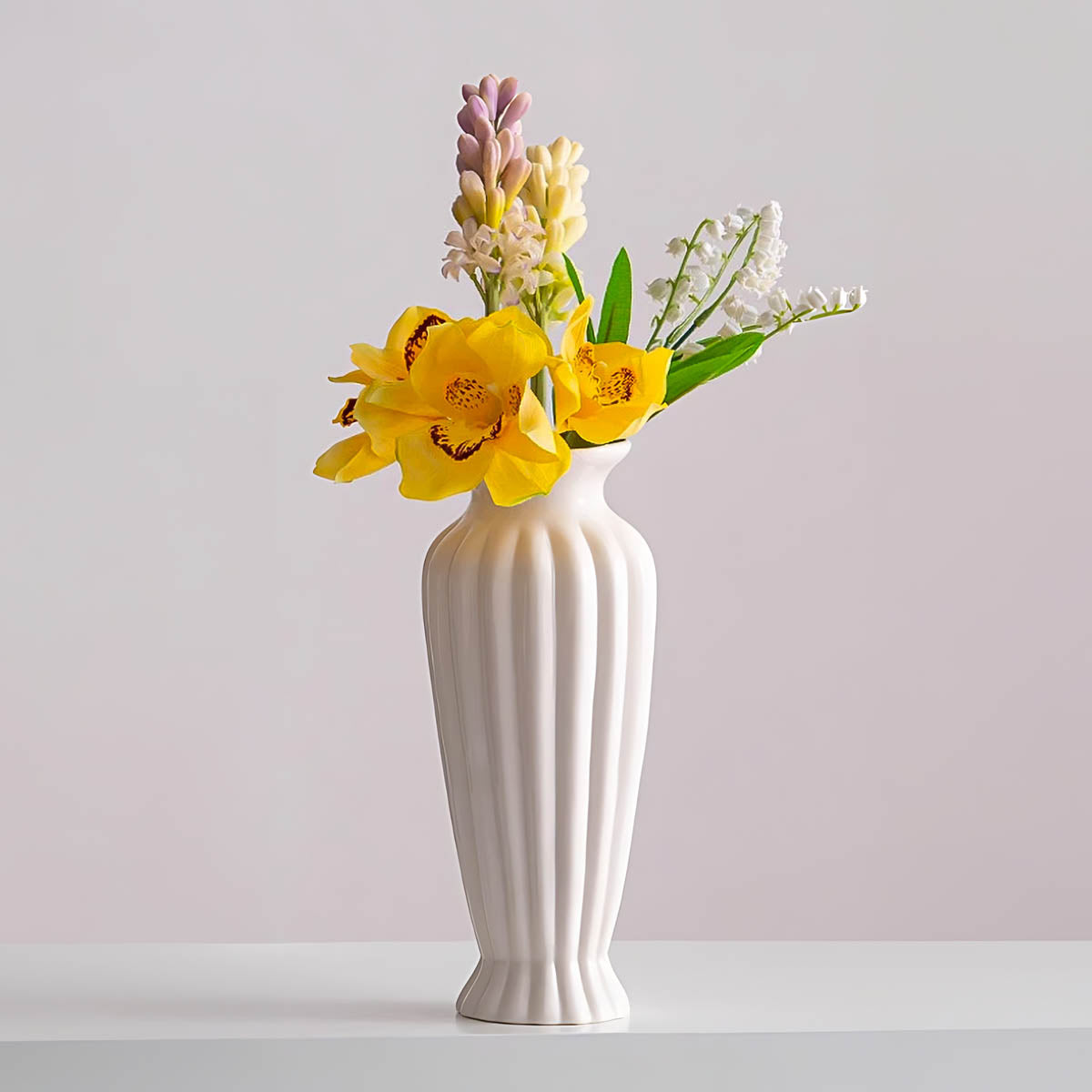 Vertical Ridged Ceramic Vase, Soft Ivory — Elegant Decorative Home Accent