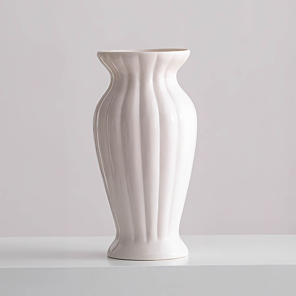 Vertical Ridged Ceramic Vase, Soft Ivory — Elegant Decorative Home Accent