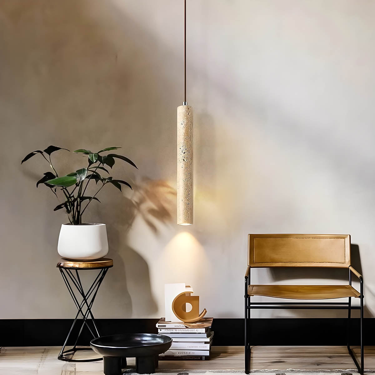 Travertine & wood pendant light, minimalist cylindrical