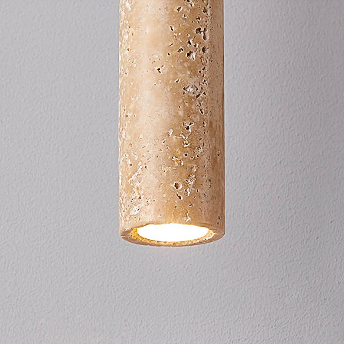 Travertine & wood pendant light, minimalist cylindrical