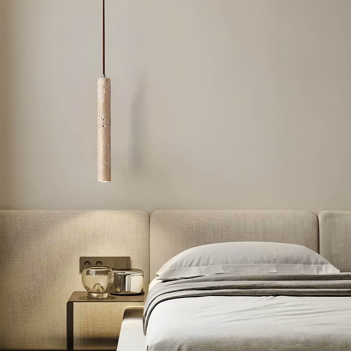 Travertine & wood pendant light, minimalist cylindrical