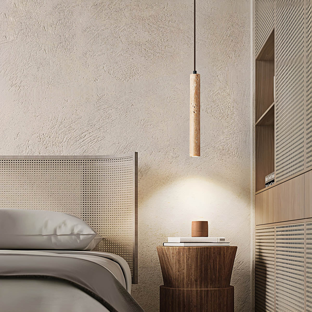 Travertine & wood pendant light, minimalist cylindrical