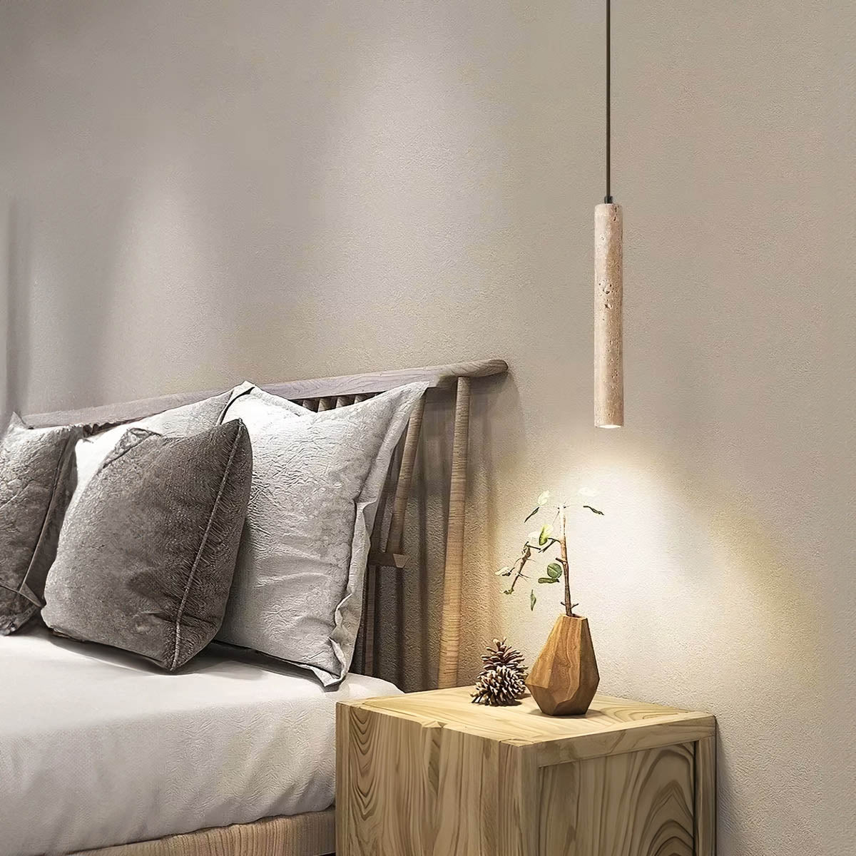 Travertine & wood pendant light, minimalist cylindrical